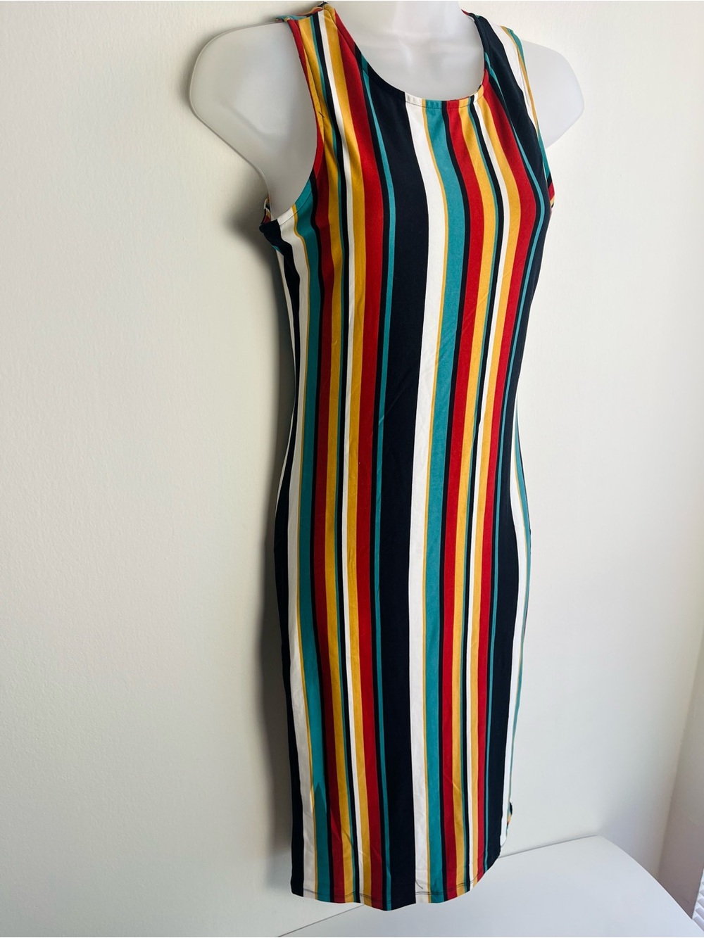 Yelete Sleeveless Vertical Stripe Midi Dress -Black Red, Yellow, White Medium